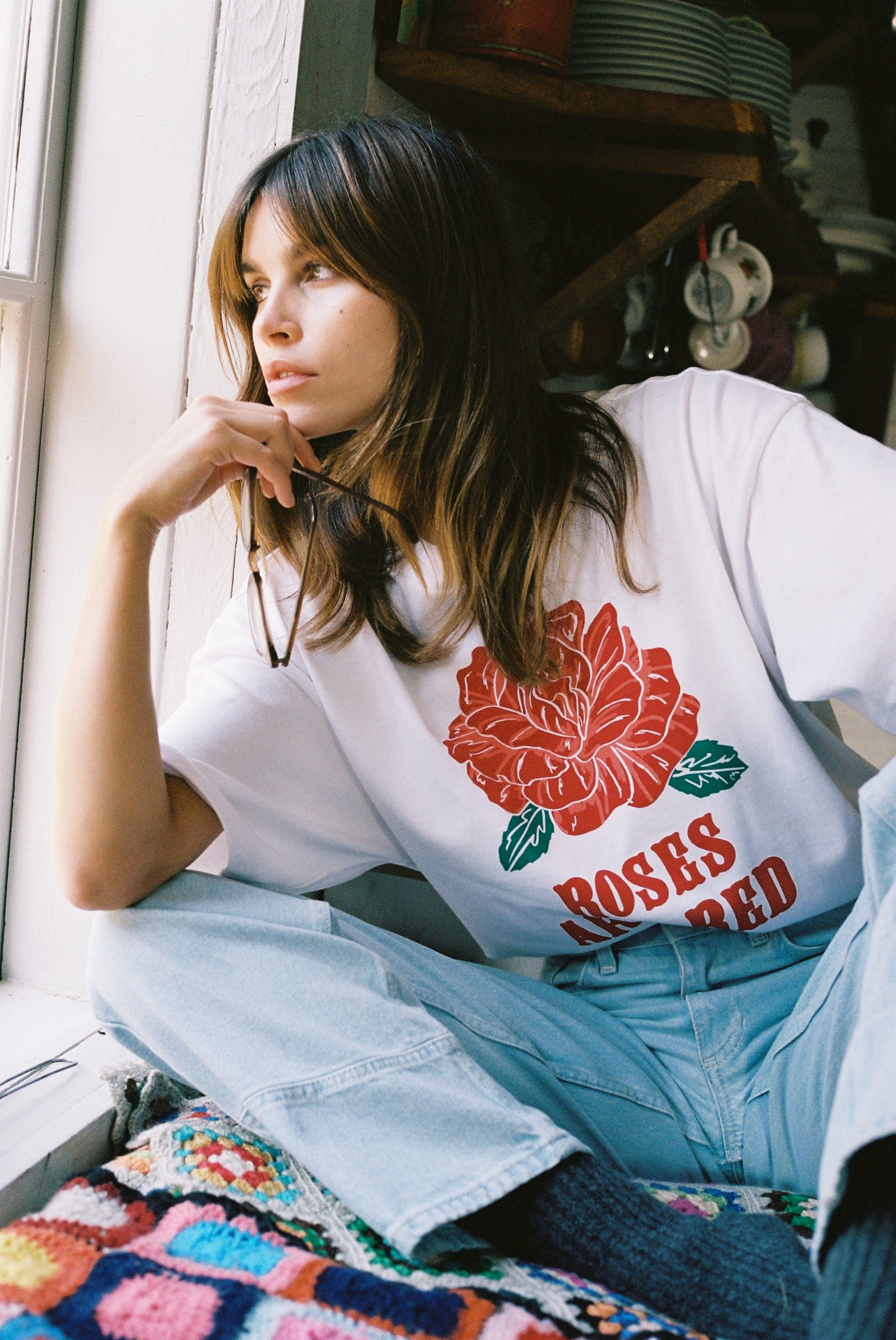 T-SHIRT MOODS ROSES BLANC